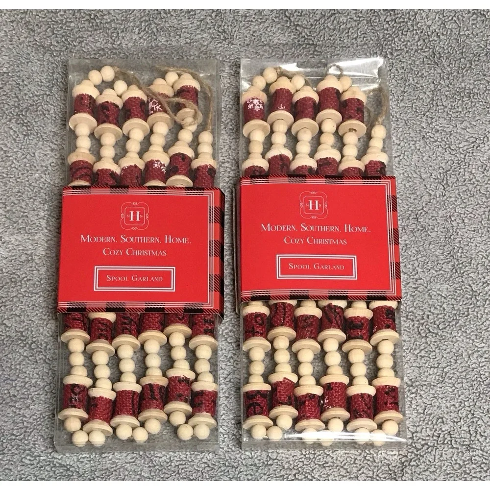 New Set of 2 Christmas Garland Wood‎ Red Spool String Holiday Garland 72